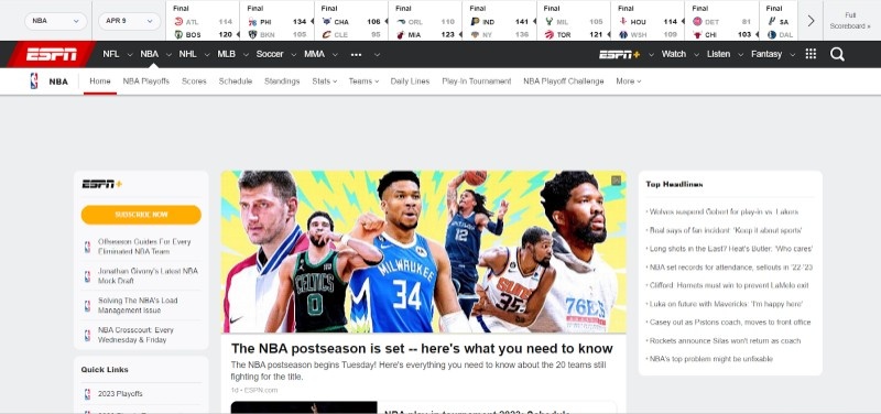 Giao diện trang chủ NBA của ESPN.com
