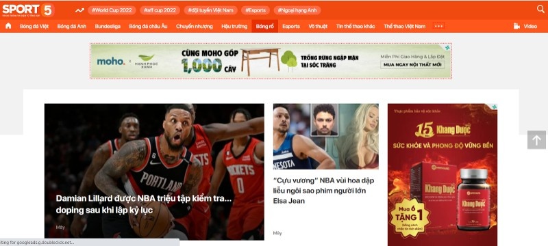 Giao diện web tin tức bóng rổ Sport5.vn